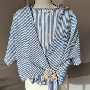 Topshop Blue and White Striped Wrap Blouse